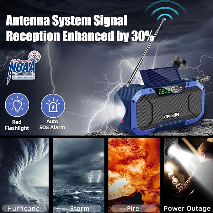 Hand Crank Emergency Weather Radio Solar Power with AM FM NOAA,Wind Up Flashlight,Cell Phone Charger, 5000mAh Rechargeable Battery,SOS Alarm,Portable,Waterproof,for Survival,Storm and Power Outage