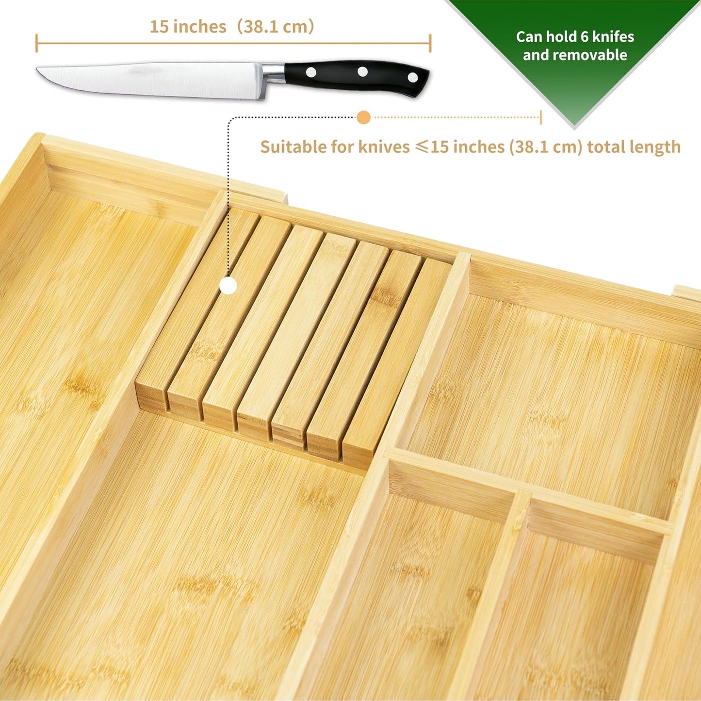 VaeFae Bamboo Kitchen Drawer Organizer, Wooden Utensil Tray with Multiple Compartments, Cutlery and Silverware Storage