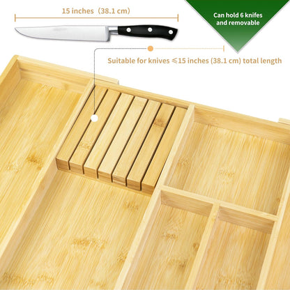 VaeFae Bamboo Kitchen Drawer Organizer, Wooden Utensil Tray with Multiple Compartments, Cutlery and Silverware Storage