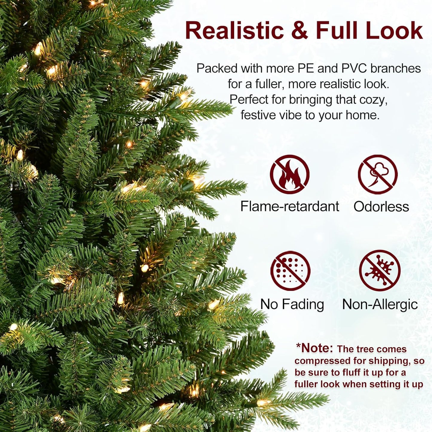 6FT Pre-Lit Artificial Christmas Tree with 1458 PE&PVC Mixed Branch Tips, 400 Warm White Lights, Hinged Premium Spruce Fake Xmas Trees, Green, Foldable Base