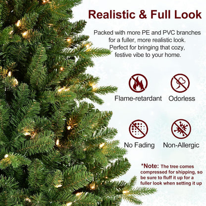 7FT Pre-Lit Artificial Christmas Tree with 2010 PE&PVC Mixed Branch Tips, 500 Warm White Lights, Hinged Premium Spruce Fake Xmas Trees, Green, Foldable Base