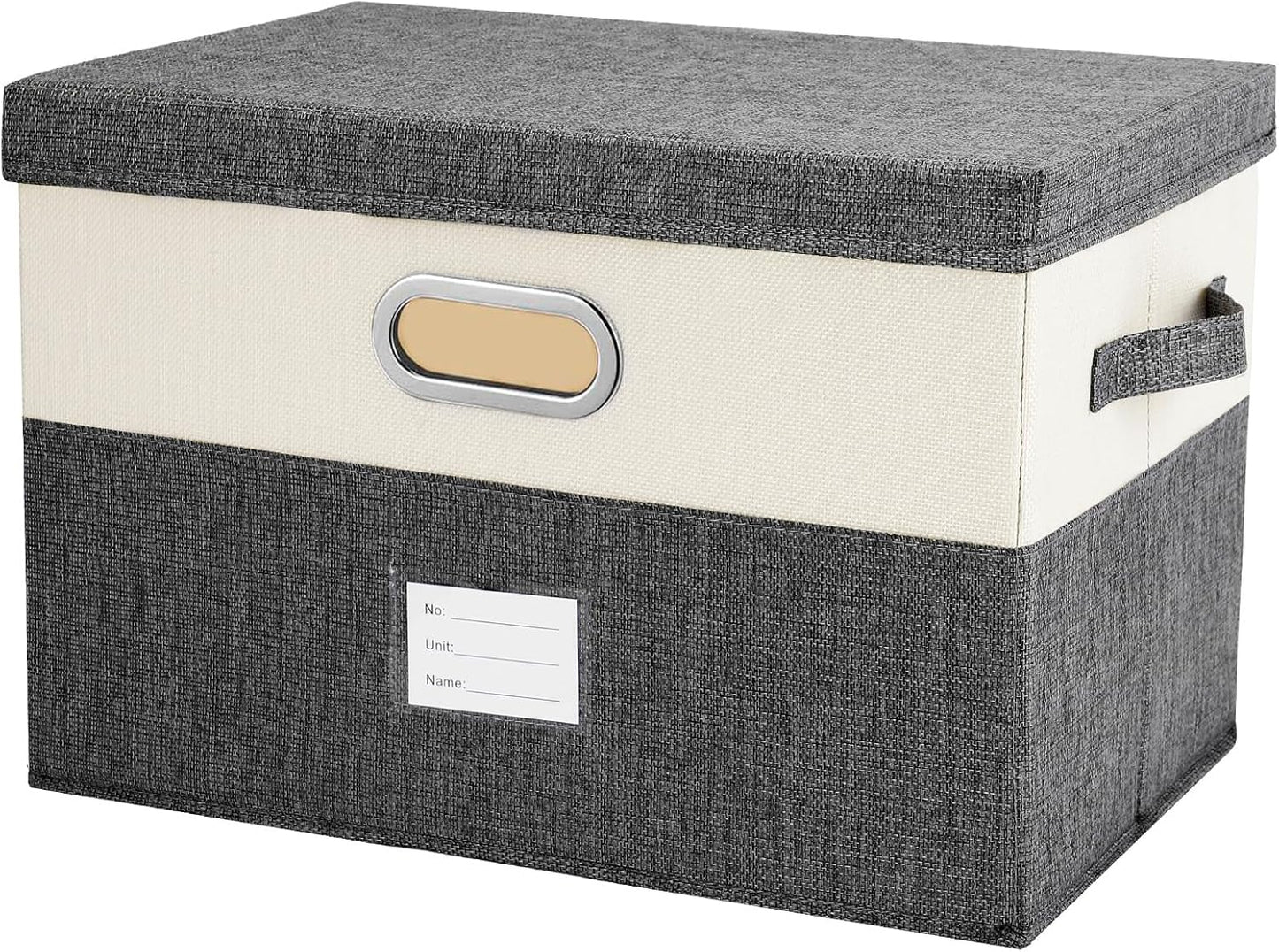 Large Linen Fabric Foldable Storage Bins with Removable Lid and Handles, Washable Storage Box Organizer Containers Baskets Cube with Cover for Bedroom,Closet,Office,Nursery(Grey&Cream, Large)