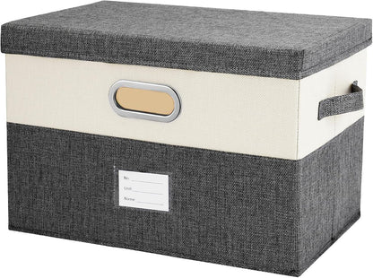 Large Linen Fabric Foldable Storage Bins with Removable Lid and Handles, Washable Storage Box Organizer Containers Baskets Cube with Cover for Bedroom,Closet,Office,Nursery(Grey&Cream, Large)