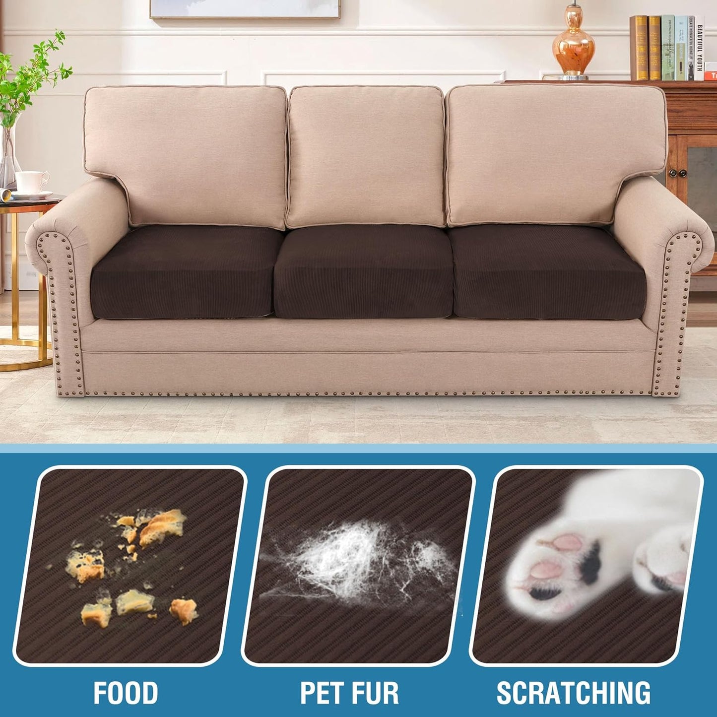 H.VERSAILTEX Velvet Stretch Couch Cushion Cover Plush Cushion Slipcover for Chair Loveseat Sofa Cushion Furniture Protector Seat Cushion Sofa Cover (3 Piece XL Sofa Cushion Covers, Brown Striped)