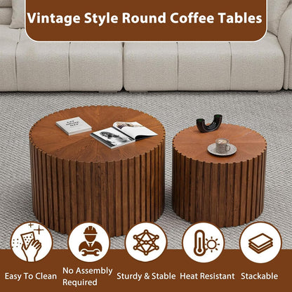 Round Nesting Coffee Table Set of 2 Modern Round Walnut Coffee Table Small Circular End Table Side Table Coffee Tables Circle Nested Coffee Tables for Living Room (Brown Small)