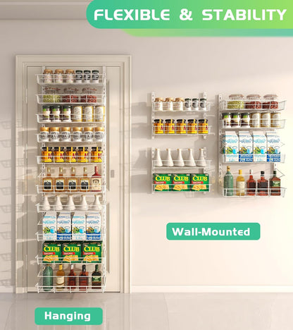 White 10-Tier Over The Door Pantry Organizer, Pantry Organization and Storage, Metal Hanging Adjustable Basket, Wall Spice Rack Seasoning Shelves, Home & Kitchen Essentials