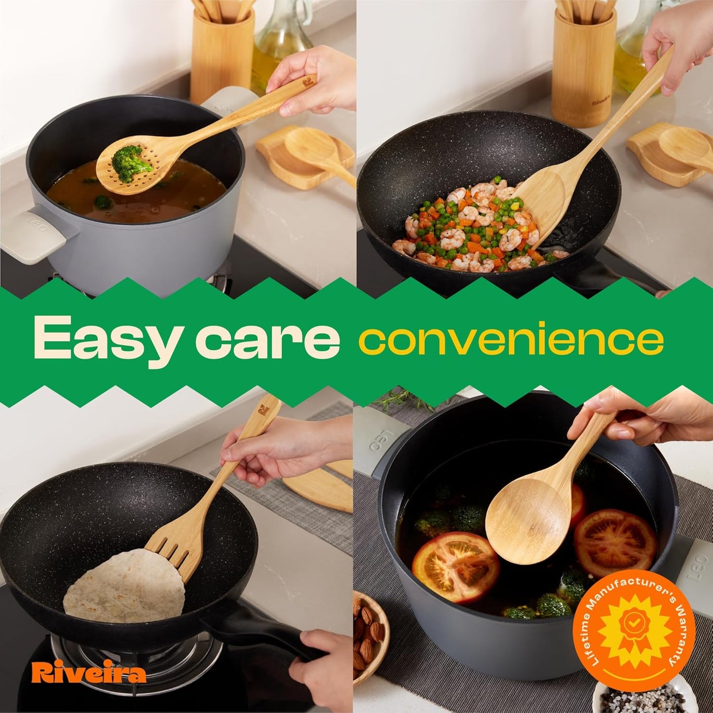 Riveira Natural Bamboo Wooden Cooking Utensils Set of 9 Premium Quality Non-Toxic Wooden Spoons and Spatulas for Cooking