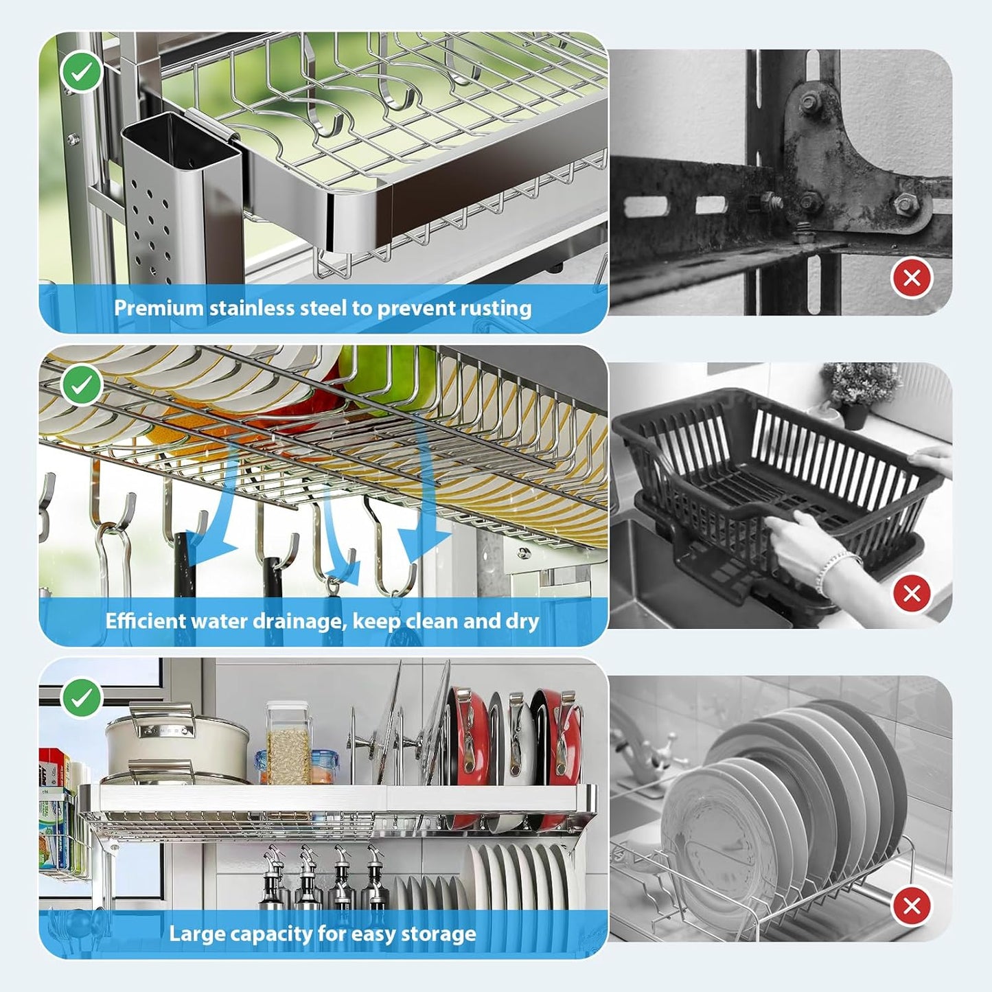 Over The Sink Dish Drainer Drying Rack, Full Stainless Steel 3-Tier Adjustable Length Over Sink Dish Drying Rack, Large Capacity Dish Rack Over Sink for Kitchen Counter, Pots & Pans Rack