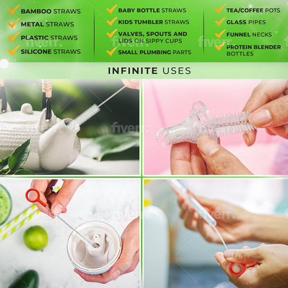 Heavy Duty Cleaning Brushes Set of 8 - Extra Long Straw Cleaners for Metal and Plastic Reusable Drinking Straws, to Clean Small Spaces, Sippy Cups, Water Bottles - Sturdy Hard Brush Bristles