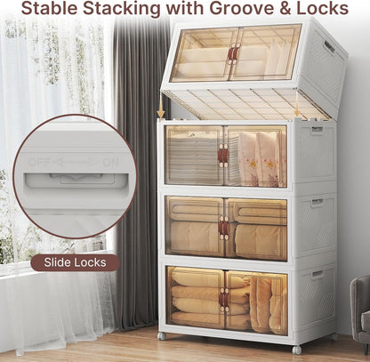 Extra Large Stackable Storage Bins with Lids & Wheels & Door, 660QT-165QT/41GAL*4Pack Foldable Collapsible Closet Organizers, Plastic Containers Drawers for Bedroom Dorm Garage