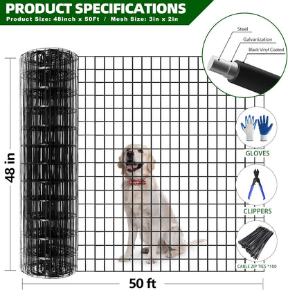 Welded Wire Fence, 50ft(L) x 48inch(H) Garden Fence for Dog, 2 Inch x 3 Inch 16GA Fencing for Chicken, PVC Coated Anti-Rust Roll Metal Wire Mesh Fence for Yard Vegetable, Black