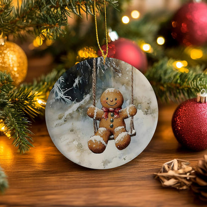 Vintage Christmas Gingerbread Ceramic Ornament Gifts, Rustic Winter Gingerbread Swing Decorative Hanging Ornaments for Xmas Tree Holiday Party Decoration, Winter Xmas Tree Decorations