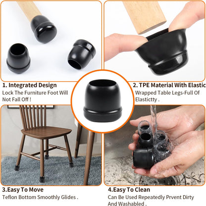Ezprotekt 24 Pcs Black Chair Leg Sliders for Carpet, Round Teflon Furniture Glides for Rug, Carpet Sliders Protectors Caps for Couch, Dining Table Chair, Bar Stool Legs (L Fit: 1-1/10" to 1-3/10")