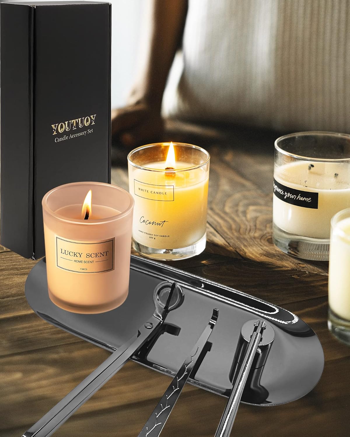 4 in1 Candle Accessory Set with Storage Tray Plate, Candle Wick Trimmer, Candle Wick Snuffer, Candle Wick Dipper, Storage Tray Plate, Great for Scented Candles Lovers (Silver Black)