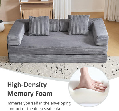 Convertible Sleeper Sofa Bed, Compression Folding Sofa with Pillow, No Assembly Required, Shape Frame, Floor Sofas Lounge Couch for Living Room, Bedroom, Small Spaces(Corduroy, 77''W, Dark Grey)