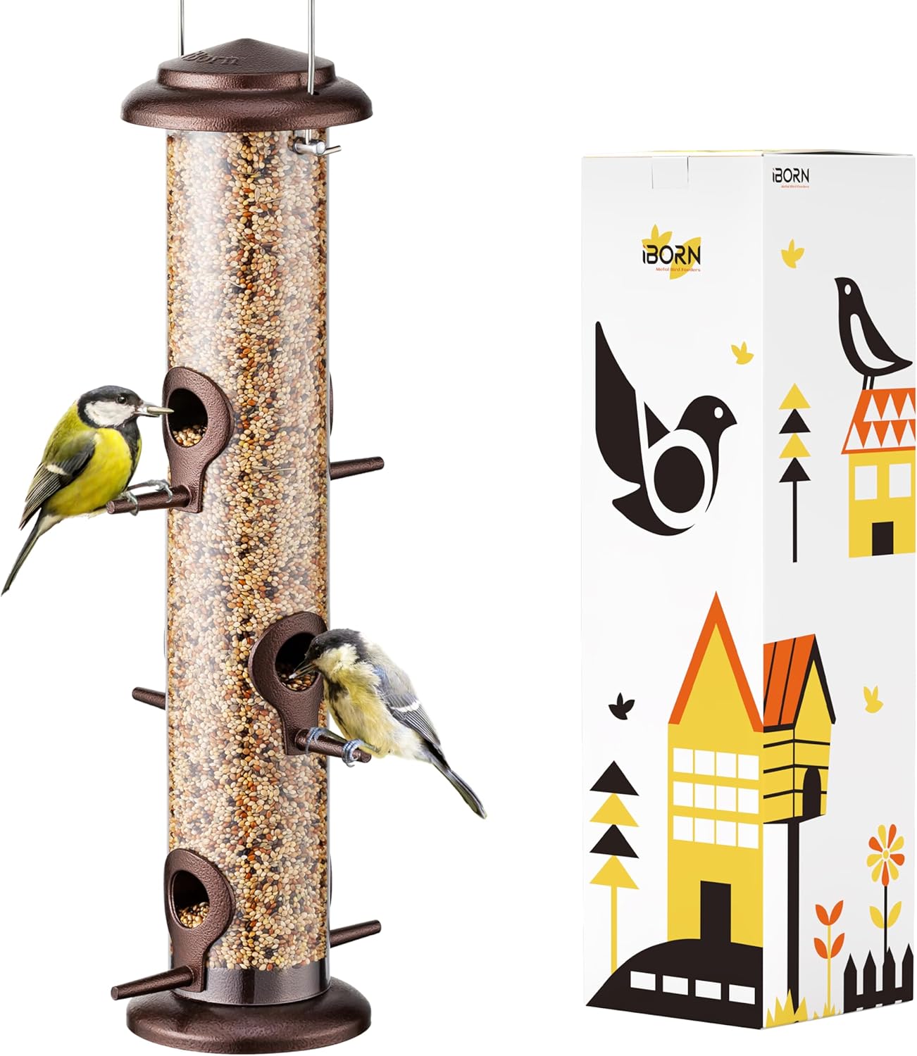 iBorn Metal Bird Feeder Hanging Wild Bird Seed Feeder for Mix Seed Blends Heavy Duty All Metal Coffee Finish,14 Inch 6 Port(Seed is not Included)