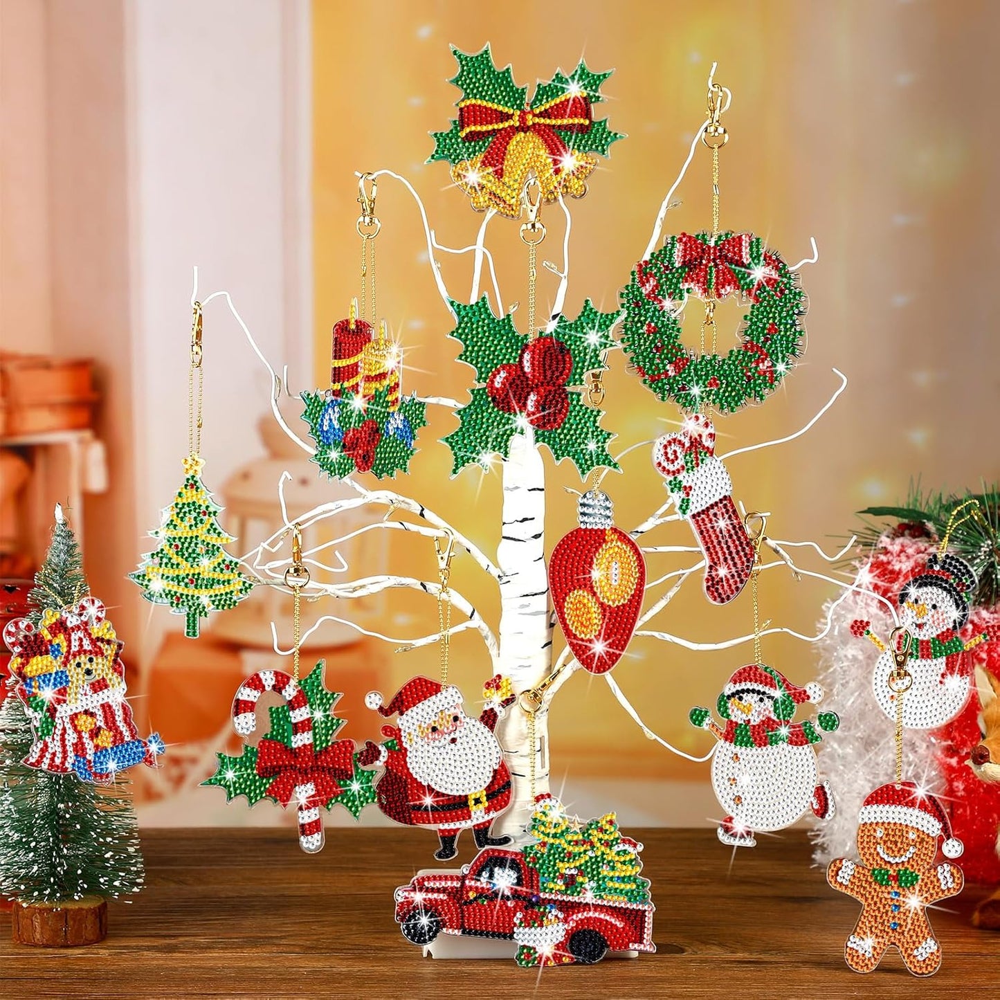 Equsion 14 Pcs Diamond Art Christmas Ornaments Christmas Diamond Painting Keychains Kits 5d DIY Hanging Double Sided Diamond Art Key Ring Painting Key Chain Family Decor Rhinestone Pendant