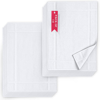 Pearl Linens Pack of 12 100% Cotton Bath Mat 20x30 inches, Soft & Absorbent Quick Dry Bathroom Mat Set, Not Bathroom Rugs, After Shower Mat, Bath Tub Mat, 687 GSM, Machine Washable, White