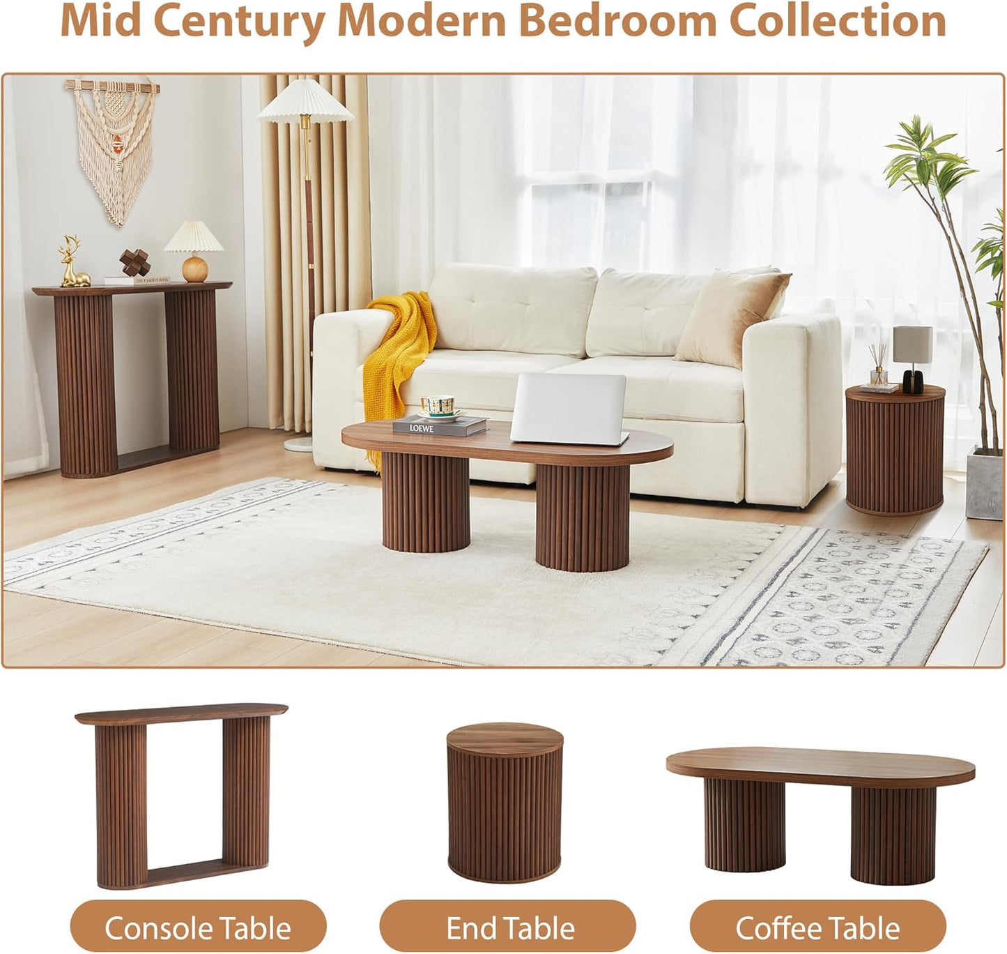 AVZEAR Fluted Round Side Table with Storage, Small Mid Century End Table Fluted Nightstands, Modern Circle Bedside Tables Wood Night Stand for Small Spaces, Living Room, Bedroom (Rustic Walnut)