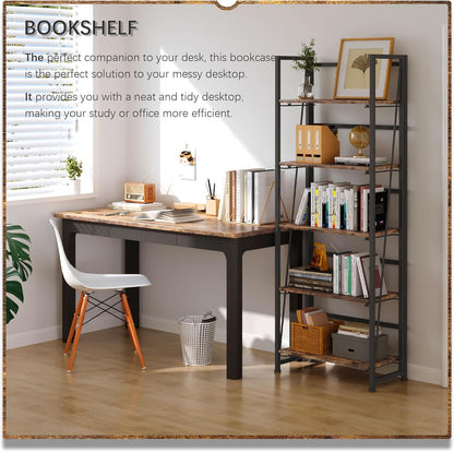 4NM No Assembly Foldable Bookshelf, 5-Shelf Collapsible Bookcase Storage for Small Spaces, 62.2" H, Rustic Brown and Black