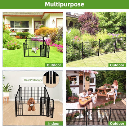 ADAVIN 48 in(H) Garden Fence, Low Threshold Door, Yard Fence for Dogs, 4 Panels Total 8.9 Ft(L) Garden Fencing Animal Barrier, Black Iron Metal Heavy Duty Pet Fences,Dog Digging Fences Barrier