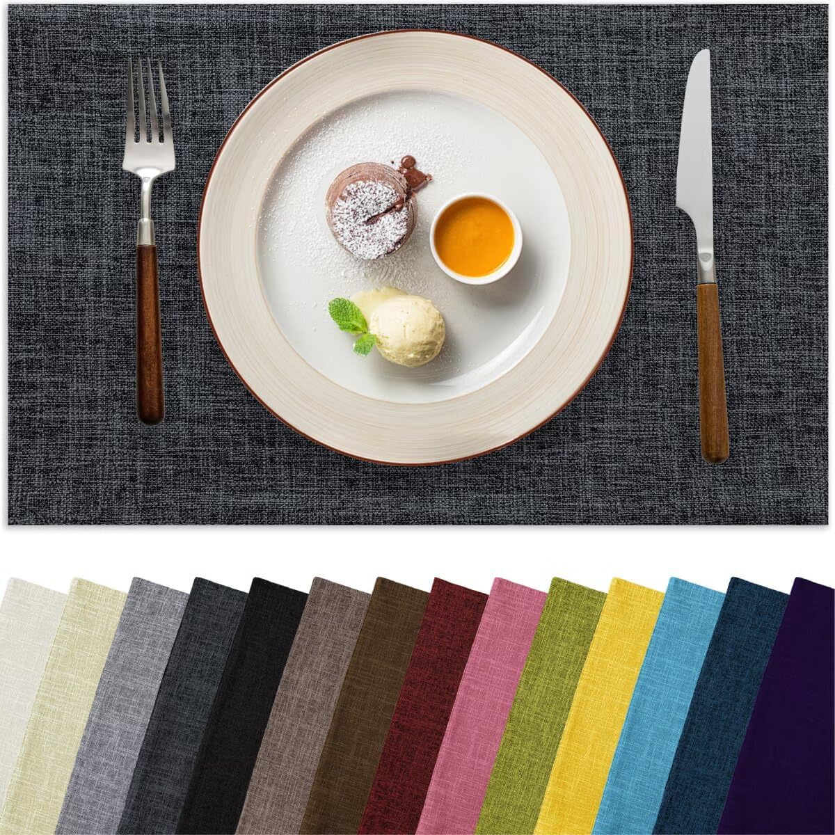 Placemats Set of 6, Bilayer Thickened Linen Place Mats Heat Resistant Machine Washable Wrinkle Free Carefully Selected Polyester Mats for Kitchen/Dining/Coffee Table (Charcoal Grey)