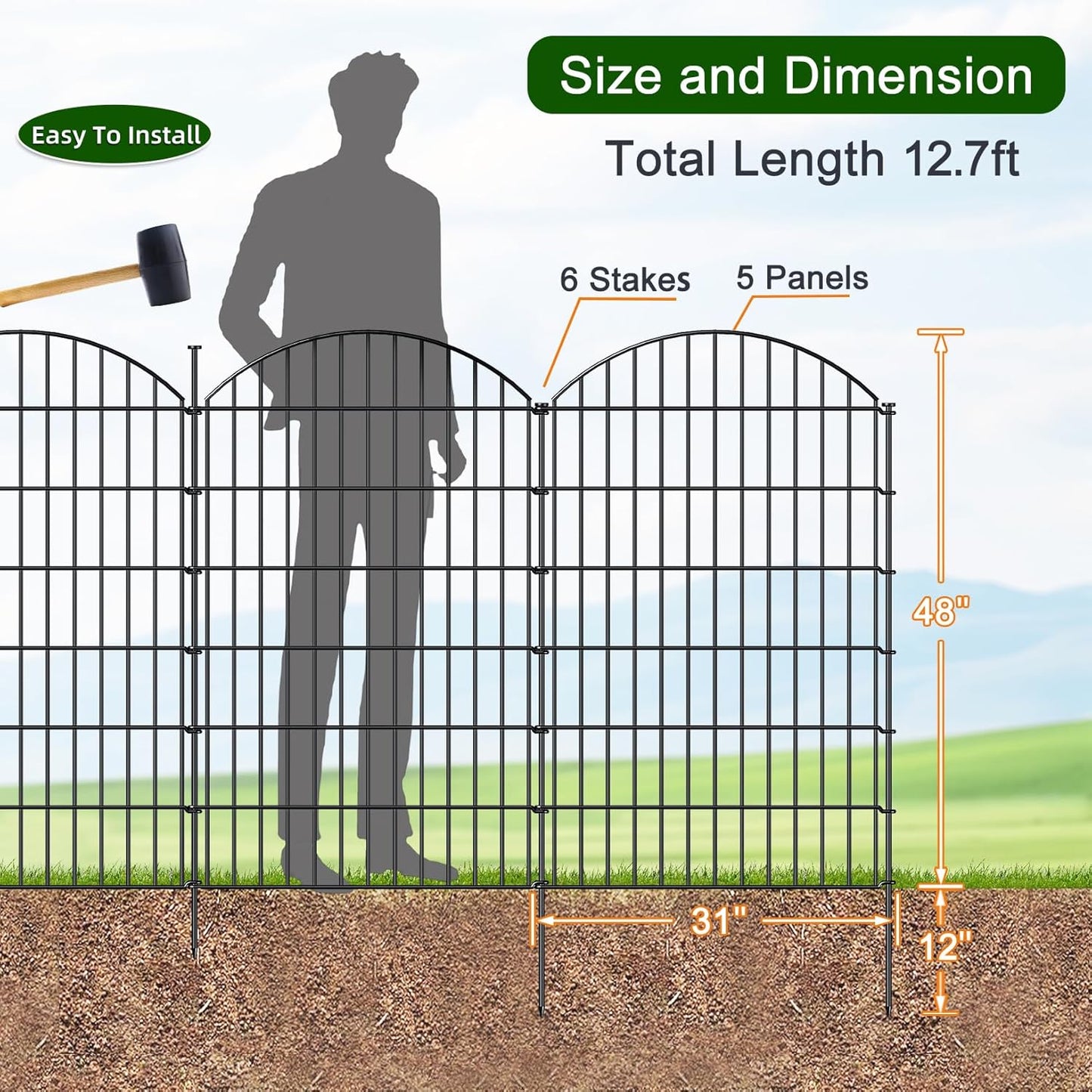 Metal Garden Fence 48in (H) x 12.7ft (L), 5 Panels + 6 Stakes Dog Fence Border Fence Animal Barrier, No Dig Garden Fencing for Yard Flower Bed Lawn Patio Outdoor, CTW4805 Black