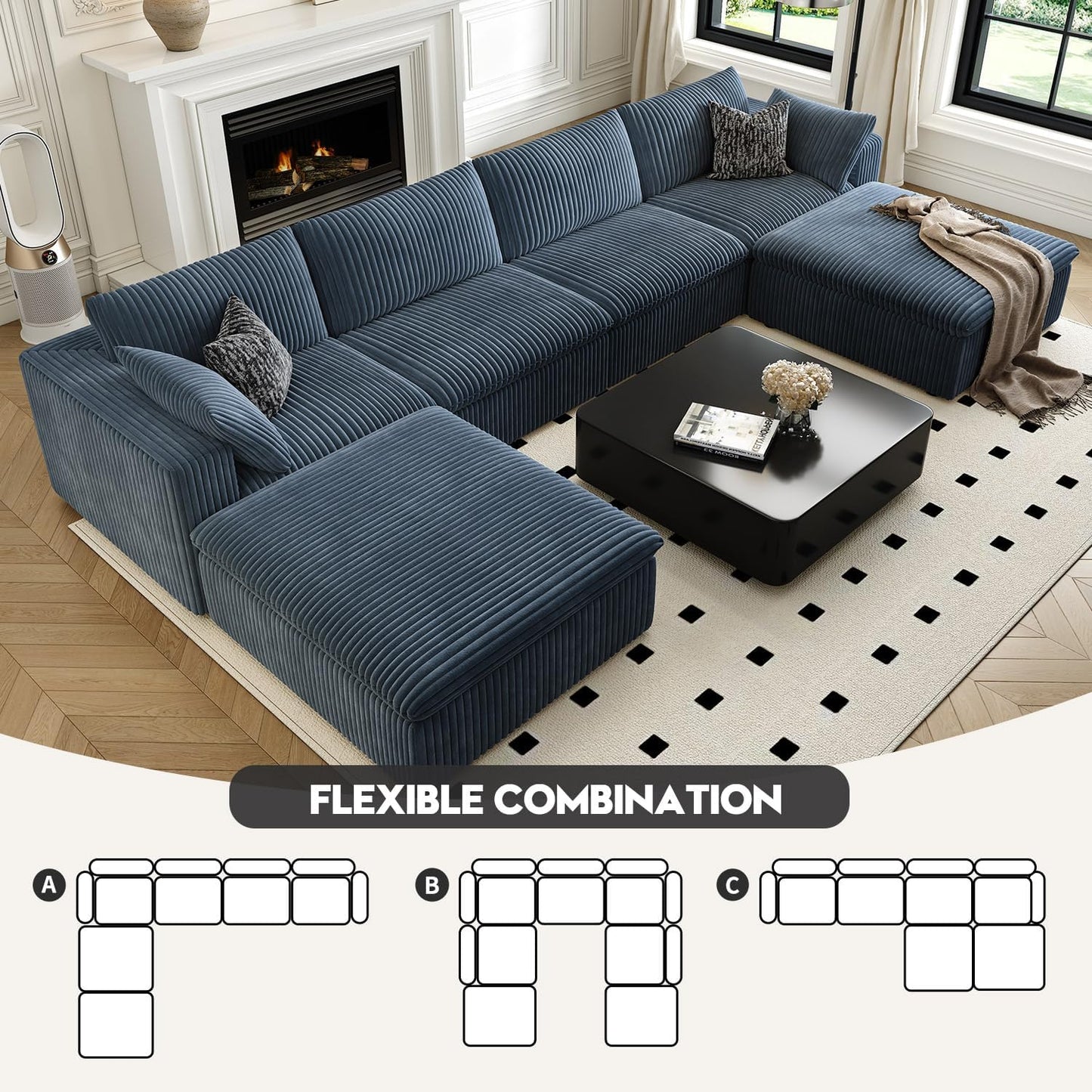 157.5" Cloud Couch Oversized Modular Sectional Sofa for Living Room,Modern Sofa with Deep Seat，U-Shape Boneless Couch with 2 Ottoman,Comfy Upholstered Couches for Apartment, Studio, Office,Blue