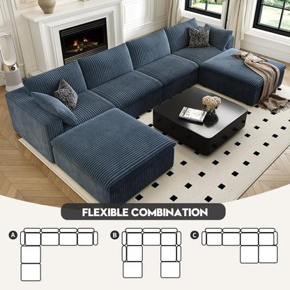 157.5" Cloud Couch Oversized Modular Sectional Sofa for Living Room,Modern Sofa with Deep Seat，U-Shape Boneless Couch with 2 Ottoman,Comfy Upholstered Couches for Apartment, Studio, Office,Blue