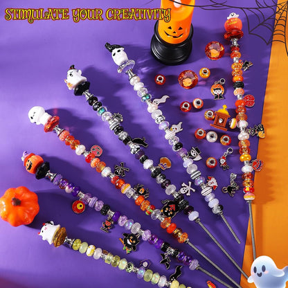 358PCS Halloween Beaded Garden Stakes, DIY Halloween Fairy Wand Garden Stake Decorative Kit with 12 in or 10 in Threaded Rod, Crystal Top, Large Holes Bead, Pendant for Outdoor or Indoor Decoration