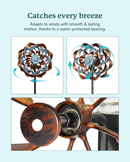 Solar Wind Spinner, Outdoor Metal Wind Spinners with Light, Windmill Decor for Yard Garden, Ideal Gifts for Birthday, Housewarming, Mother's Day, Christmas (13" W x 74" H)