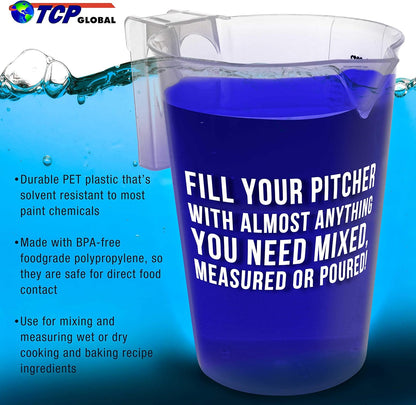 TCP Global 1/2 Liter (500ml) Plastic Graduated Measuring and Mixing Pitcher (Pack of 6) - Holds Over 1 Pint (16oz) - Pouring Cups, Measure & Mix Paint, Resin, Epoxy, Kitchen Cooking Baking Ingredients