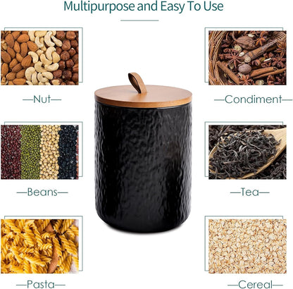 JOJUNO Black Ceramic Canister Set with Wooden Lid, 3-Piece Airtight Food Storage Jars for Kitchen Counter - Flour, Sugar, Coffee, Tea, Spice - Small, Medium, Large Sizes - Stone Texture