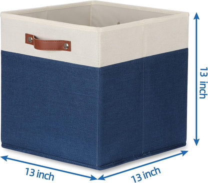 Temary Fabric Storage Bins for Cube Organizer 4 Pack Cube Storage Bins 13 Storage Cubes for Shelves Storage Baskets for Organizing Books, Clothes, Towels (White & Blue, 13x13x13 Inch)