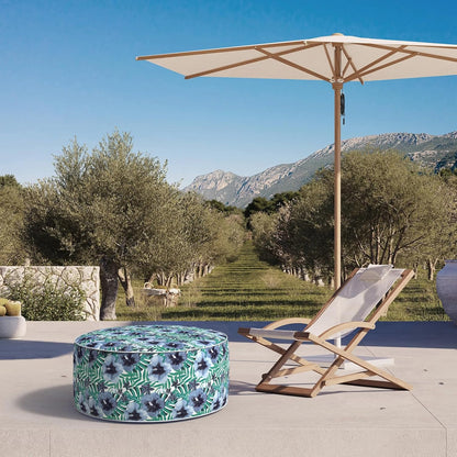 Inflatable Ottoman Stool D31 xH14 for Outdoor/Indoor Use, Water Repellent Patio Foot Rest with Portable Handle,Round Pouf Ottoman Suitable for Garden,Deck and Camping - Blue Salmone Tropical