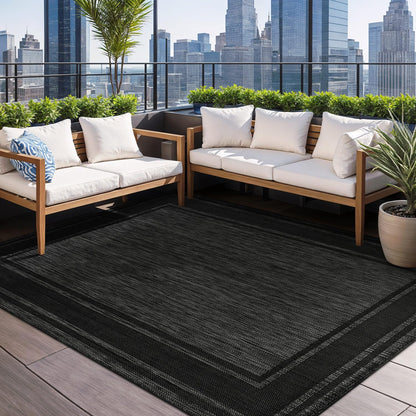 Beverly Rug Outdoor Rug 8x10 Modern Bordered Area Rugs for Indoor and Outdoor Patio Deck Porch Garden Waterproof Weather Sun Resistant Washable Outside Carpet (8 x 10 Black)