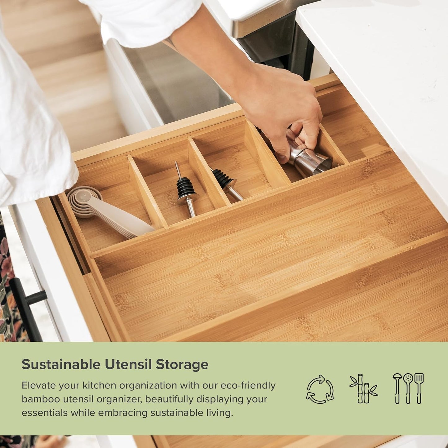 Adjustable Kitchen Drawer Organizer for Utensils and Junk, Food-Safe Contract Grade with 100% Sustainable Wood, Expandable from 10.5 to 19 Inches Wide - Natural Bamboo