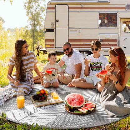 GENIMO Outdoor Rug 8' Round Waterproof for Patios Clearance, Reversible Outdoor Plastic Straw Camping Rug Carpet, Large Area Rugs Mats for RV, Camper, Deck, Balcony, Porch, Beach, Picnic, Grey&White