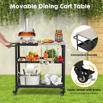 Outdoor Grill Cart Table,Indoor and Outdoor Pizza Oven Table,with 4 Movable Total Lock Casters, Hooks, Side Handle Multifunctional (Stainless Steel Table)