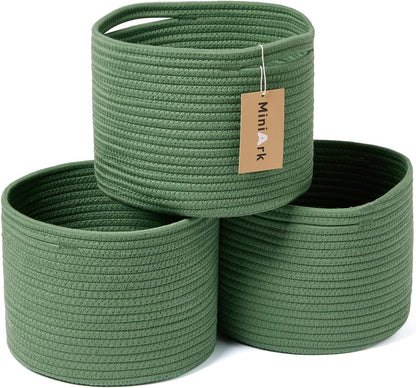 Small Basket for Organizing | Cube Shelf Closet Storage Baskets | 9.7×9.7×7.1” | Woven Rope Gift Basket | Nursery | Round 3 Packs Green