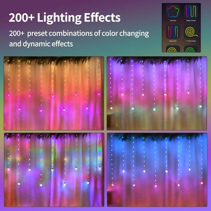 Color Changing Wishing Ball Curtain Lights, 9.8 x 3.3 FT RGB LED Fairy Light with Remote App Control, Music Sync Window Backdrop Wall Hanging Lights for Bedroom Party Halloween Christmas Decoration