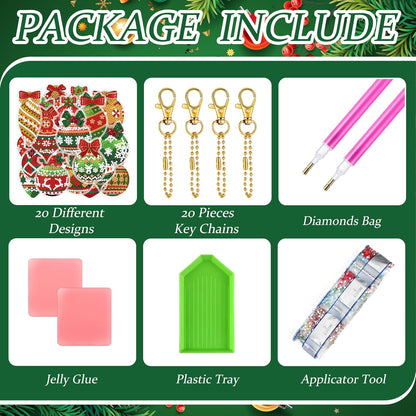 Tondiamo 20 Pcs Christmas Diamond Painting Keychain Kits 5D DIY Diamond Art Pendants Double Sided Hanging Key Chains for Christmas Party Decoration DIY(Balls Style)
