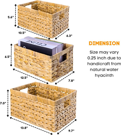 Set of 3 Wicker Storage Baskets for Shelves, Water Hyacinth Storage Baskets, Wicker Baskets for Storage, Kitchen Organizers and Storage Pantry (Set 3 SML)