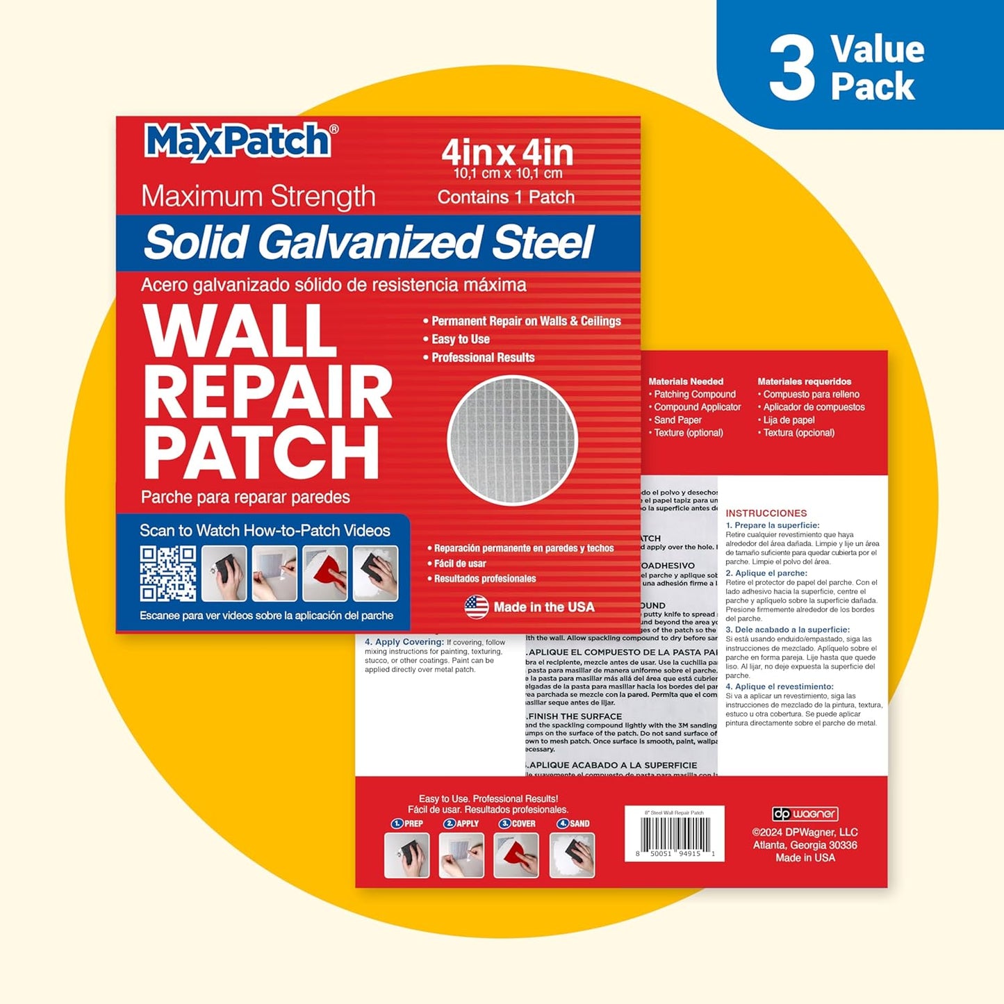 MaxPatch® 4 in. x 4 in. Solid Metal Self-Adhesive Wall Repair Patch (3-Pack) – Durable Galvanized Metal, Easy Application for Drywall, Plaster, and Ceiling Repairs