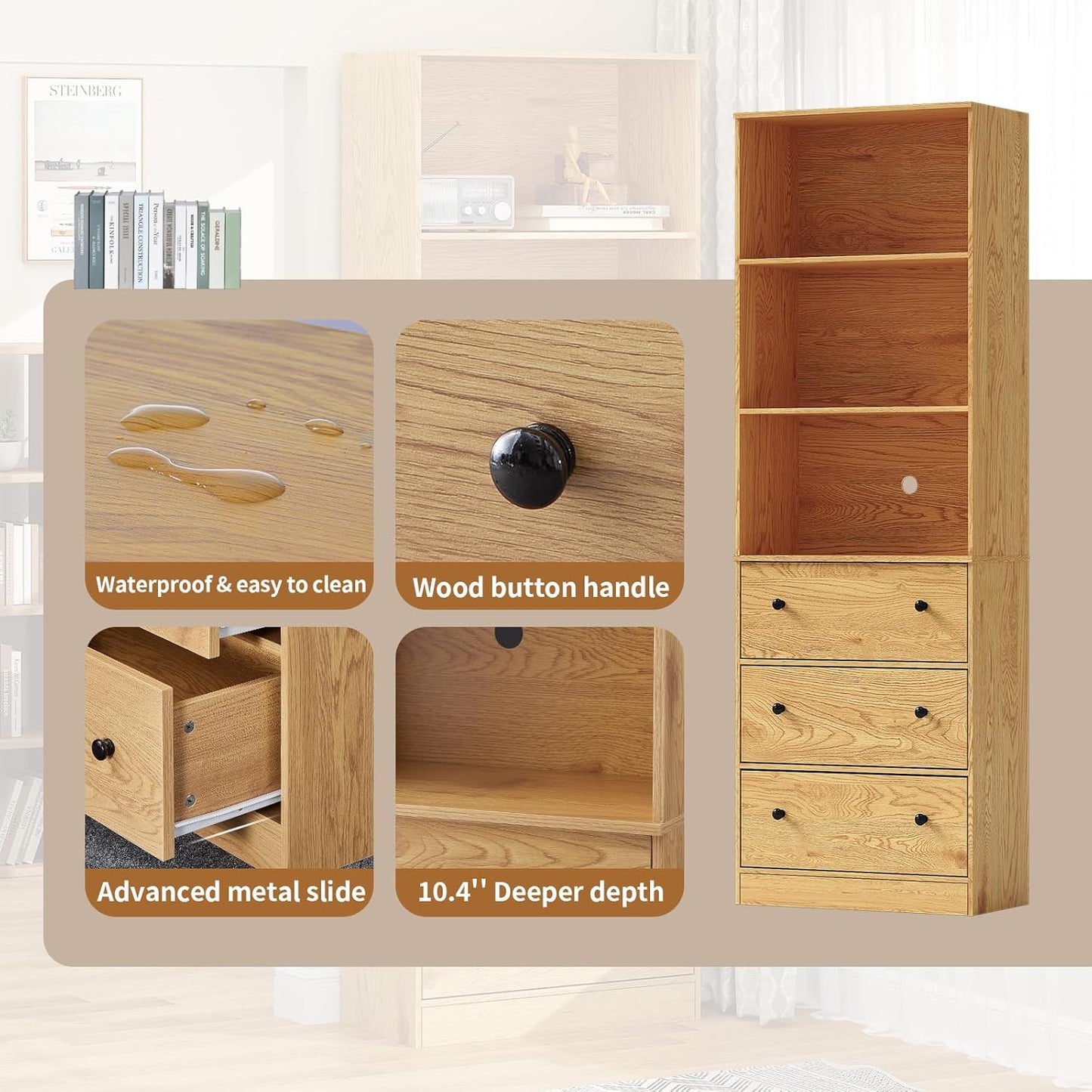 71" Tall Bookshelves Set of 2, Bookcases with Drawers, Bookshelves with Storage, Wooden Bookshelf with 3 Drawers & 3-Tier Open Shelves,Home Decor Furniture for Living Room,Bedroom,Home,Natural