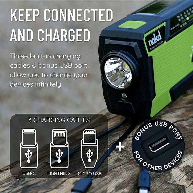 Hand Crank Weather Emergency Radio: Dynamo, Solar, USB and Battery Powered - Upgraded 14800mWh Battery, Flashlight, NOAA Storm Alert, SOS Alarm, 3 External Charger Cables - Cell Phone Emergency Power