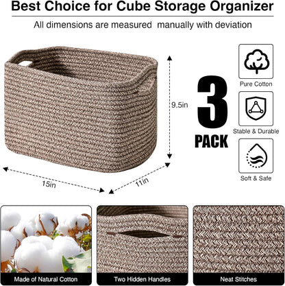 Storage Baskets for Organizing Shelves, Woven Cotton Rope Bins for Baby Nursery Organization, Book Toy Towel Organizer, 15"x11"x9.5", 3 Packs, Dark Brown