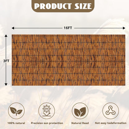 Bamboo Reed Fencing, Light Russet Bamboo Fence Rolls 3 Feet High, Decorative Reed Curtains Privacy Screen Outdoor for Patio Balcony Garden Backyard, 3 x 16 FT