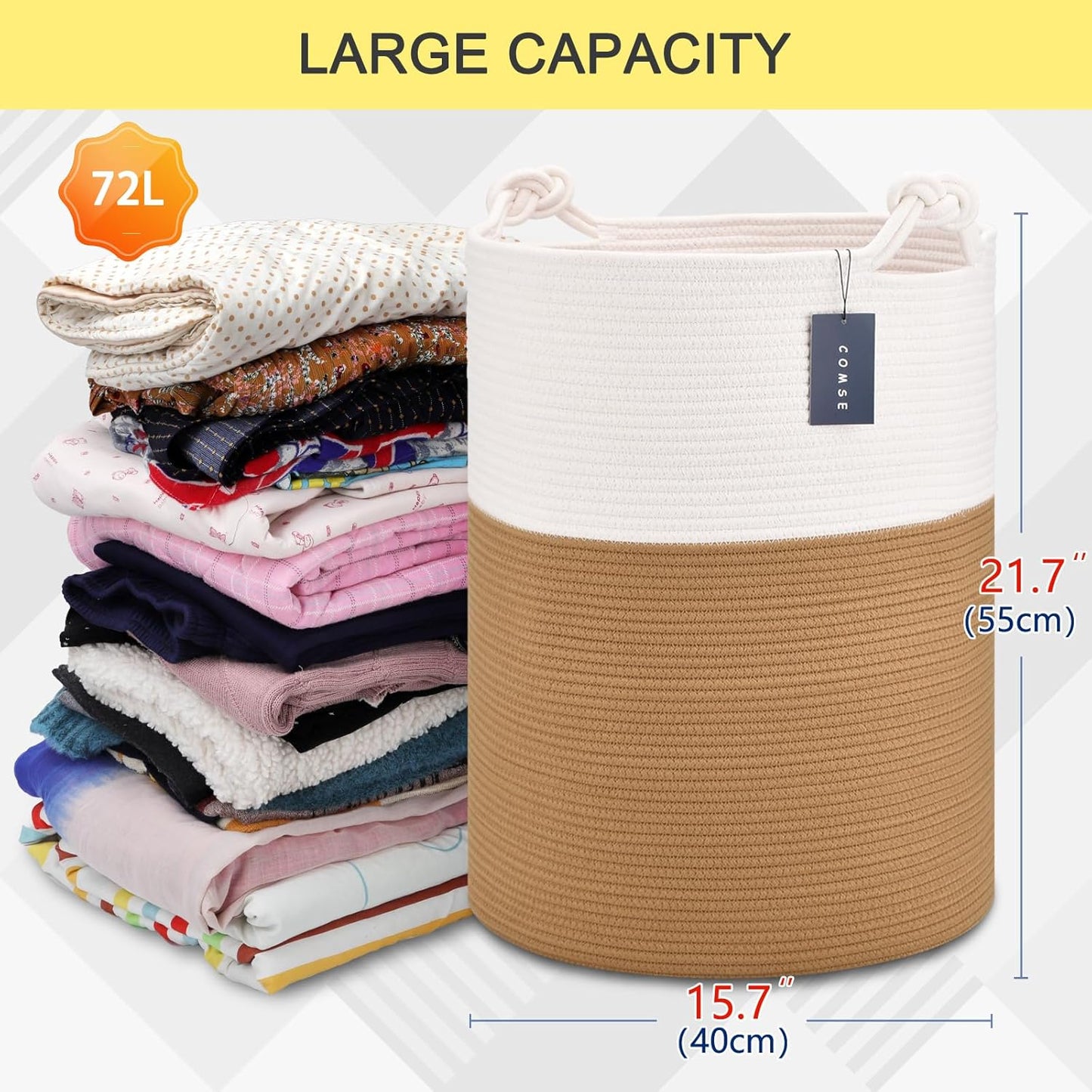 COMSE Extra Large Blanket Basket, Tall Woven Storage Basket, Nursery Hamper, 15.7”x 21.7”, Cotton Rope Laundry Hamper for Toys Clothes Towels, White/Camel