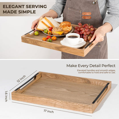 Axeman Wooden Serving Tray with Metal Handles|Ottoman Tray for Breakfast, Bed, Couch|17x13in Ash Wood Coffee Table Trays|Food Drinks Decorative Storage Boards for Ottoman Kitchen, Natural